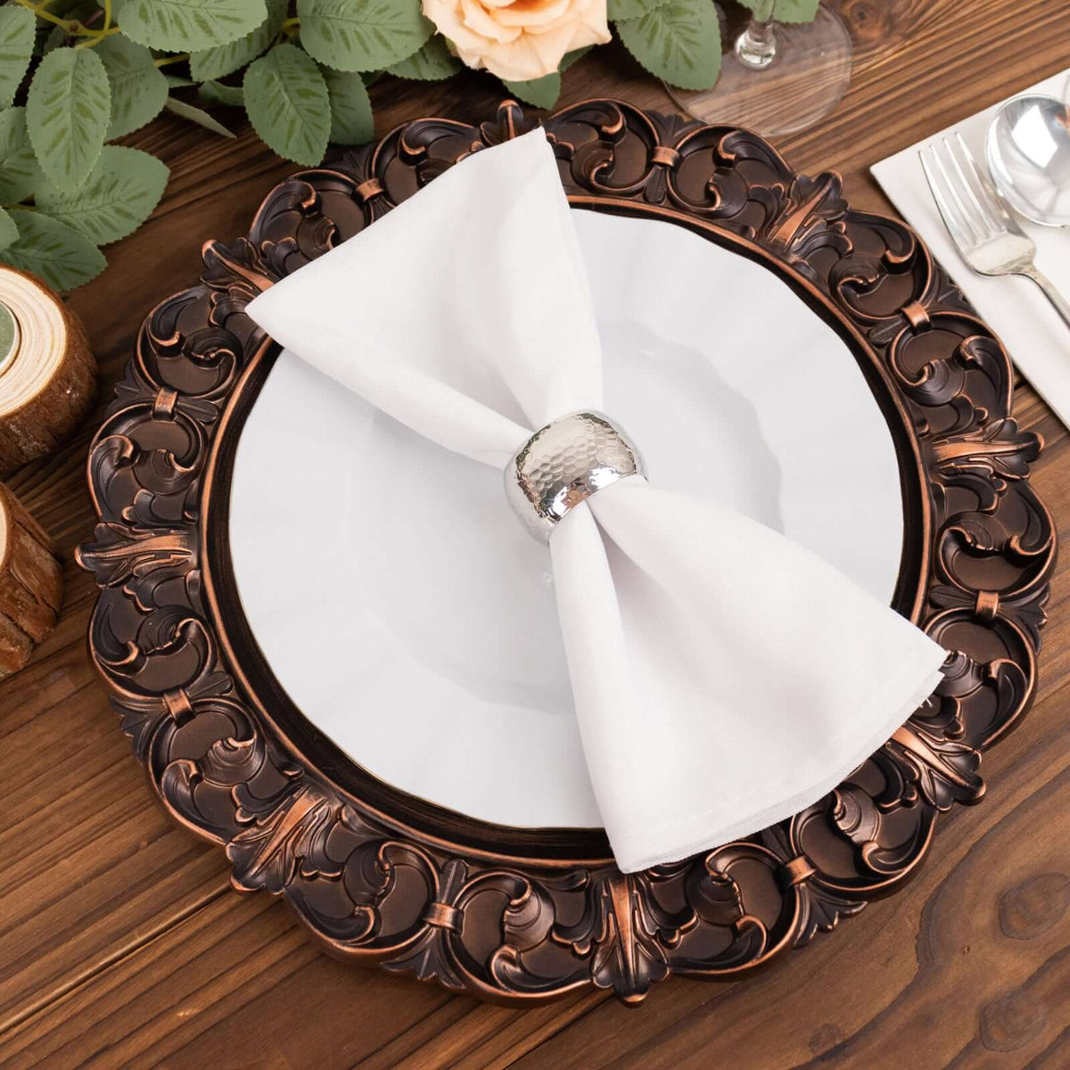 6-Pack Acrylic Charger Plates 13" Round Dark Brown with Aristocrat Retro Baroque Rim - Ornate Plastic Decorative Chargers